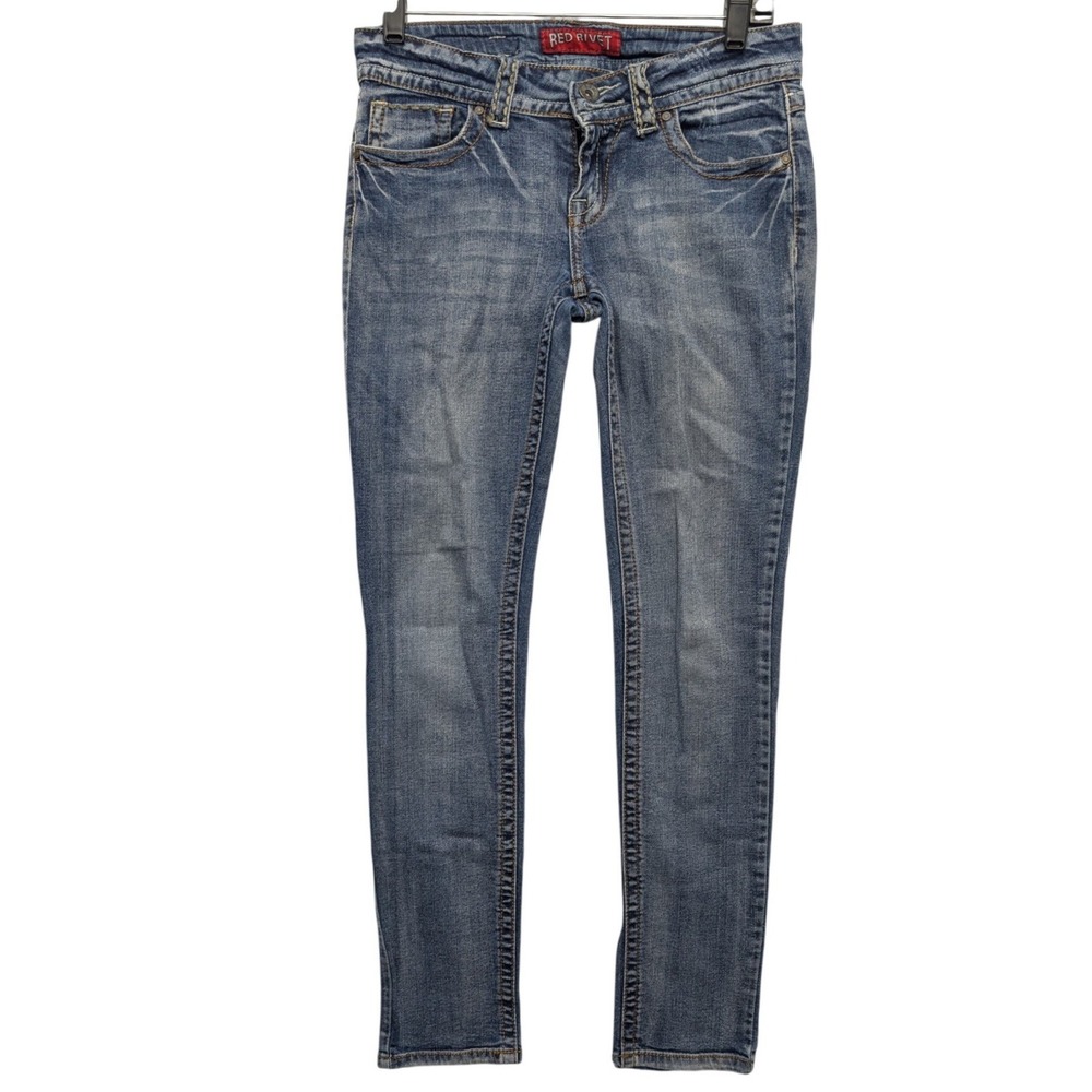 Red Rivet Skinny Jeans Womens 9 Blue Low Rise Contrast Stitch Flap Pocket